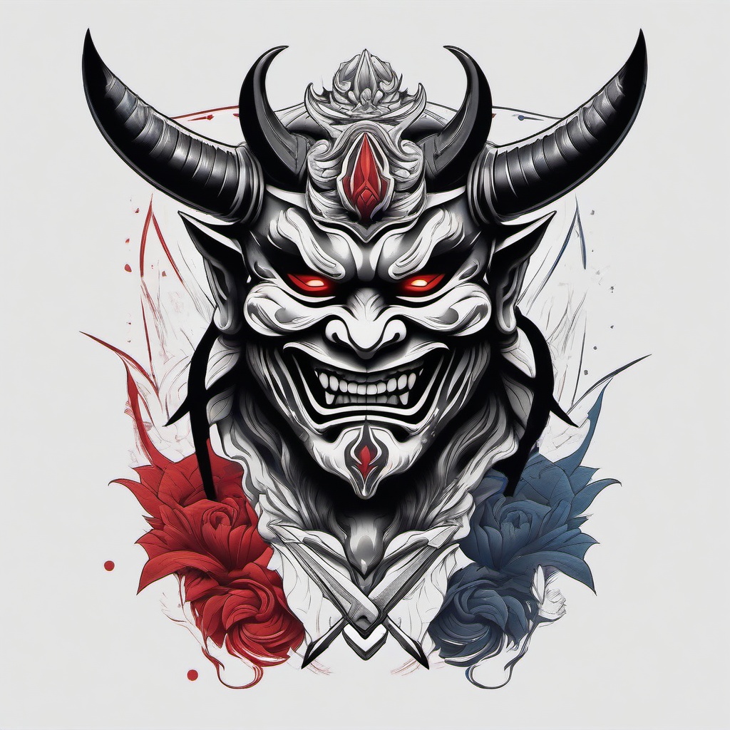 oni mask with sword tattoo  simple color tattoo,white background,minimal