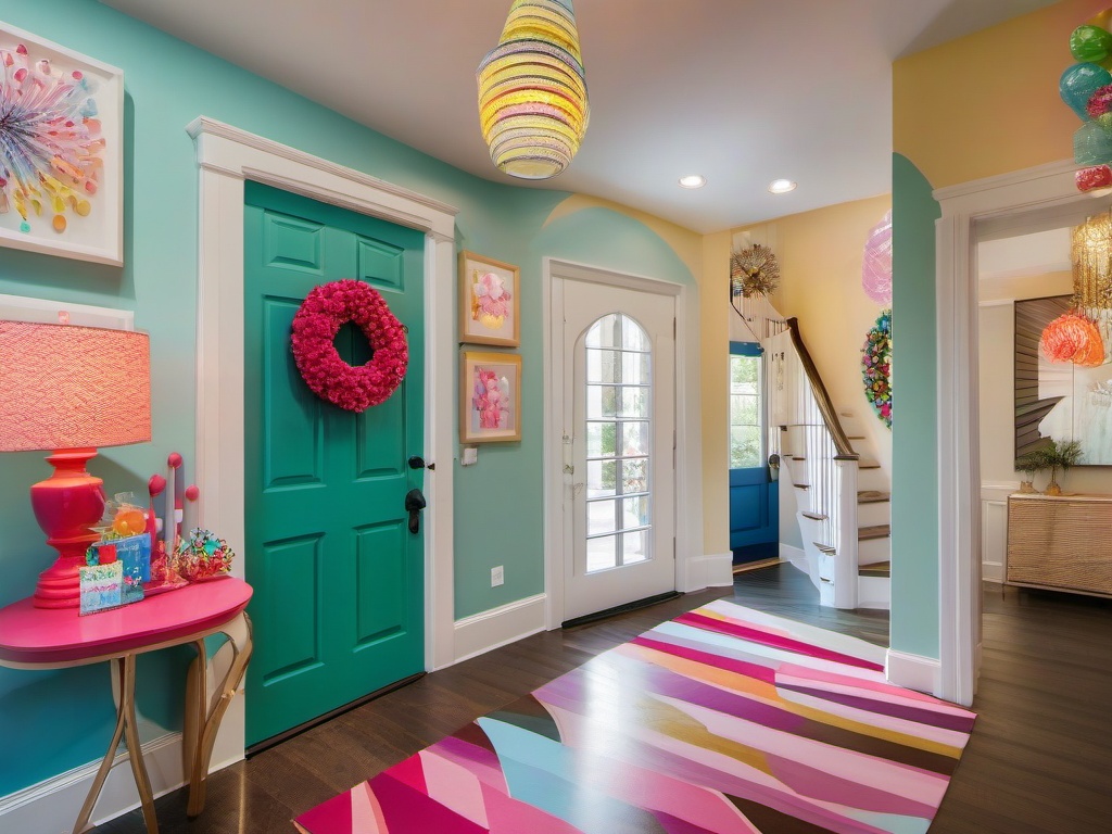 Candy Land foyer features vibrant colors, whimsical decorations, and playful lighting, offering a cheerful welcome into the home.  