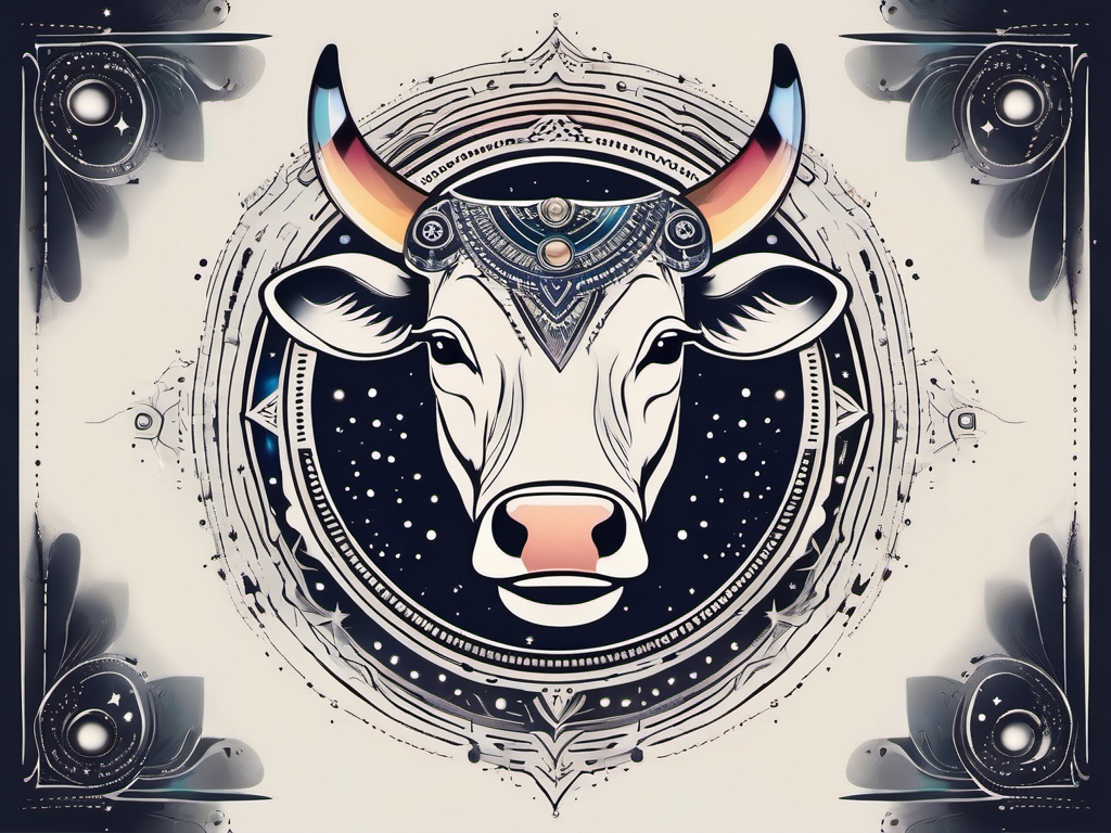 Abstract cosmic cow design: Celestial connection, cosmic symbolism.  simple color tattoo style