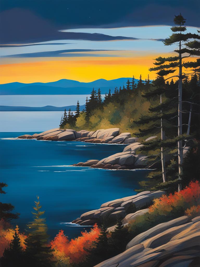 mount desert island - craft a tranquil night painting of mount desert island, home to acadia national park, where rugged coastlines and granite peaks await. 