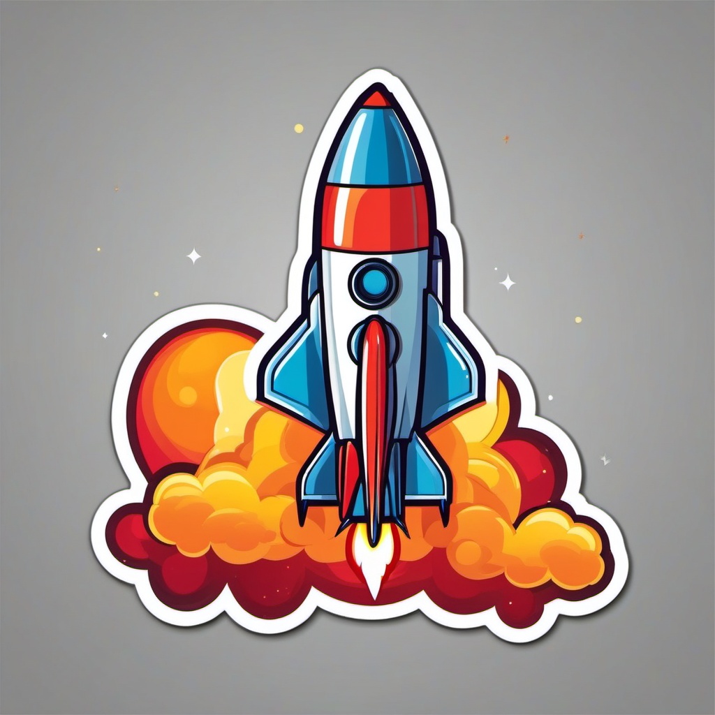 Rocket Sticker - Cartoon rocket launch, ,vector color sticker art,minimal