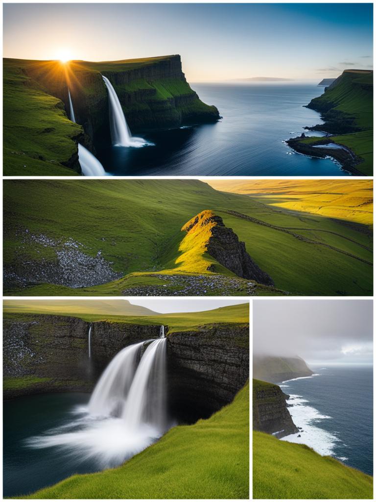 faroe islands - hikes to remote, hidden waterfalls cascading down cliffs into the north atlantic. 