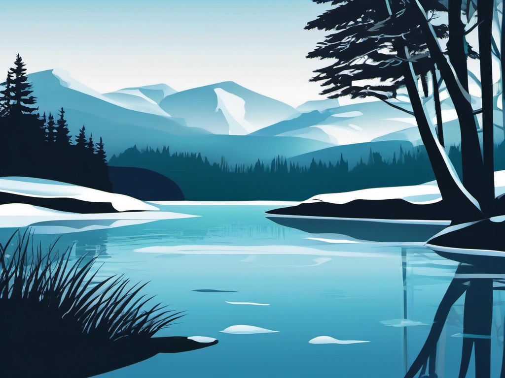 Icy Pond Scene clipart - Icy pond in a serene setting, ,vector color clipart,minimal