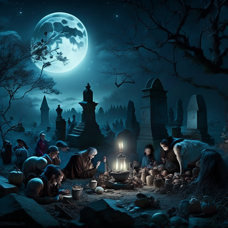 alghouls feasting upon the remains of their victims in the moonlight of a desolate graveyard. 