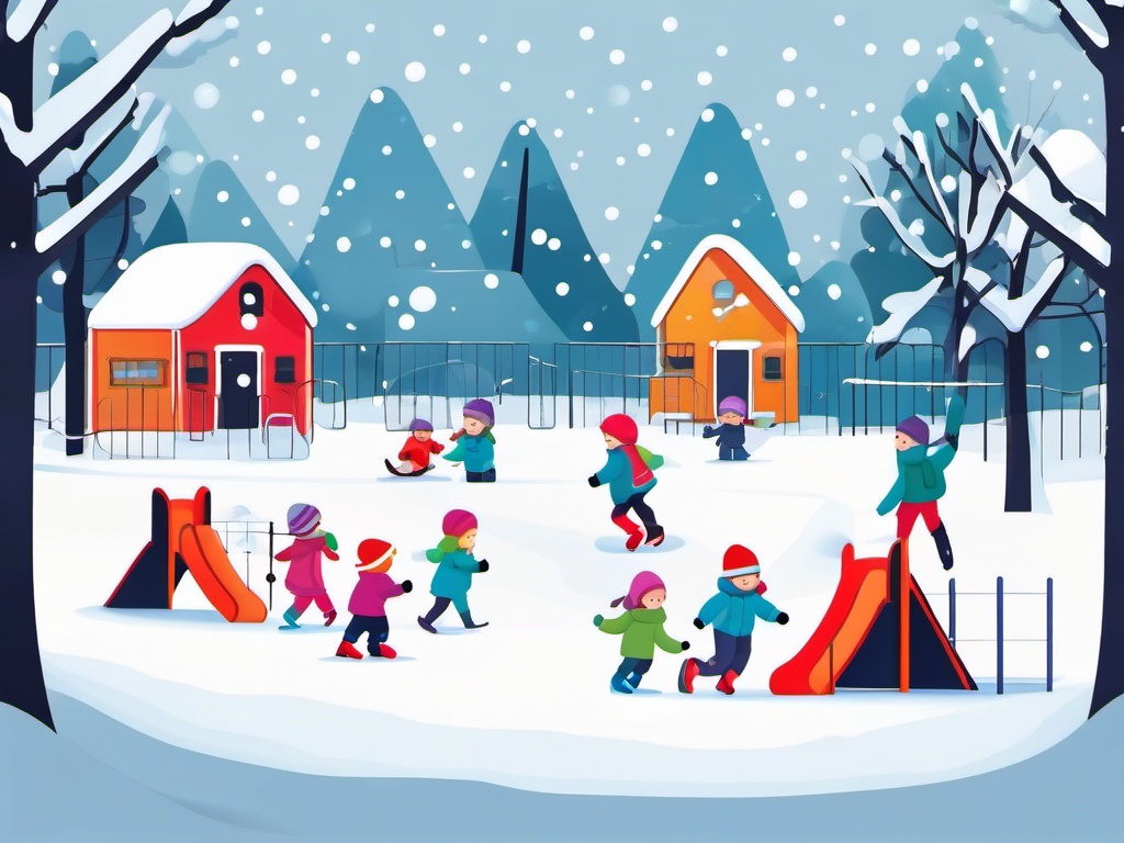 Winter Playground Fun clipart - Children playing in a snowy playground, ,vector color clipart,minimal