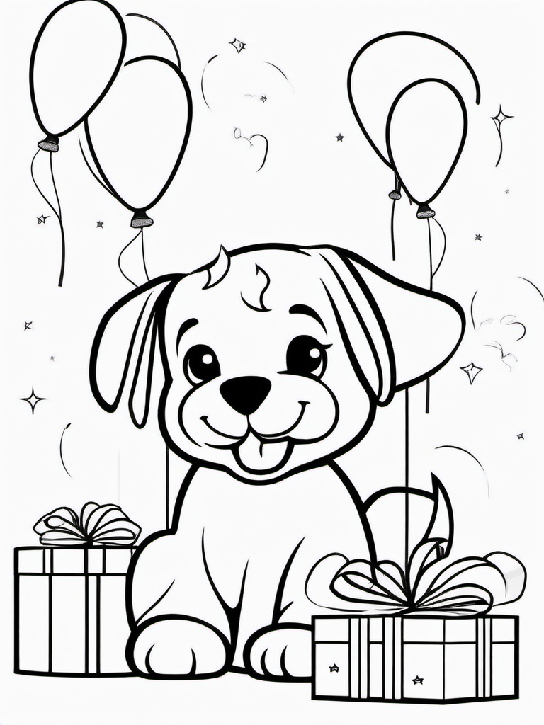 Puppy with Balloons and Gifts Coloring Pages - Celebratory Puppy with Presents  minimal black outline printable sheet, coloring page