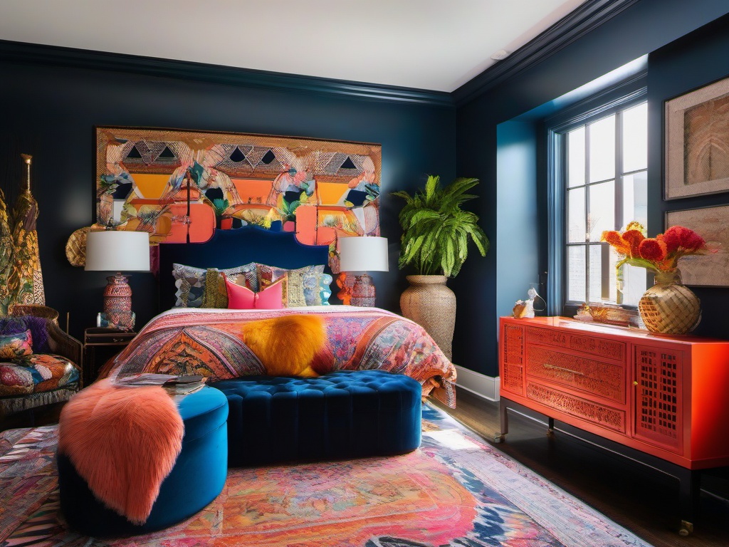 Maximalist master bedroom showcases bold colors, intricate patterns, and eclectic decor, making it a lively and dynamic space for rest.  