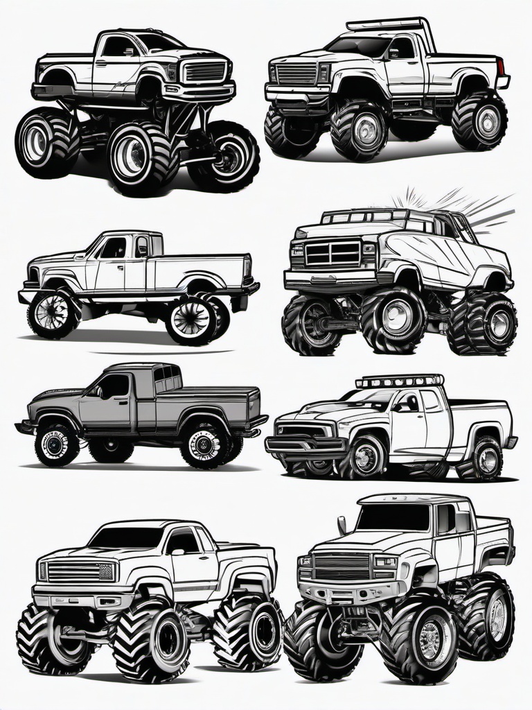 Monster Truck in Action Sequence Coloring Pages - Series of Trucks in Motion  minimal black outline printable sheet, coloring page