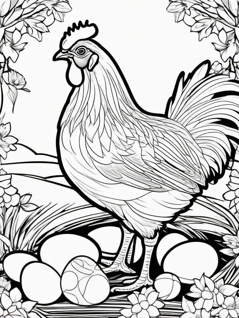 Farm Animal Coloring Pages - Hen with a nest of colorful eggs  simple coloring pages