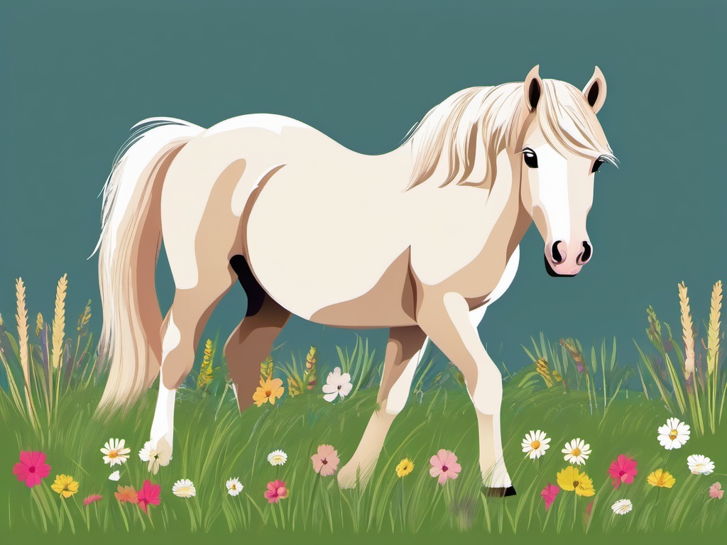 Pony clipart - Sweet pony grazing in a field, ,vector color clipart,minimal