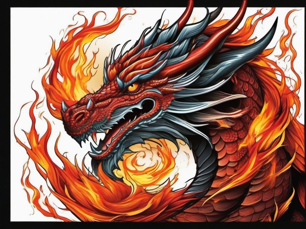 dragon and fire tattoo  simple color tattoo,white background