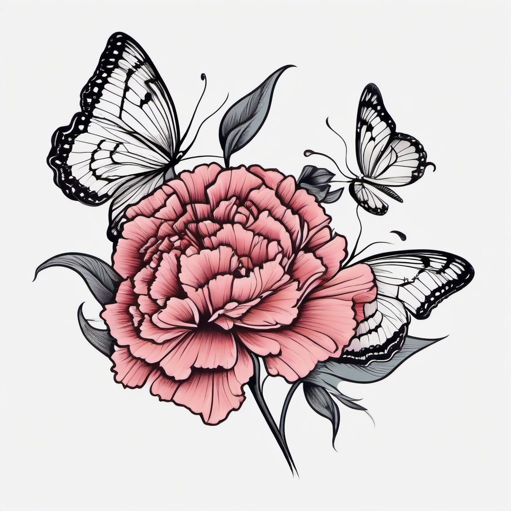 Carnation Flower with Butterfly Tattoo,Symbolism of change and beauty in a tattoo featuring carnations and butterflies, a harmonious and meaningful choice.  simple color tattoo,minimal vector art,white background