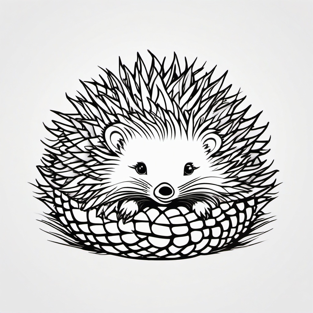 Hedgehog Tattoo - Adorable hedgehog curled up into a spiky ball  few color tattoo design, simple line art, design clean white background