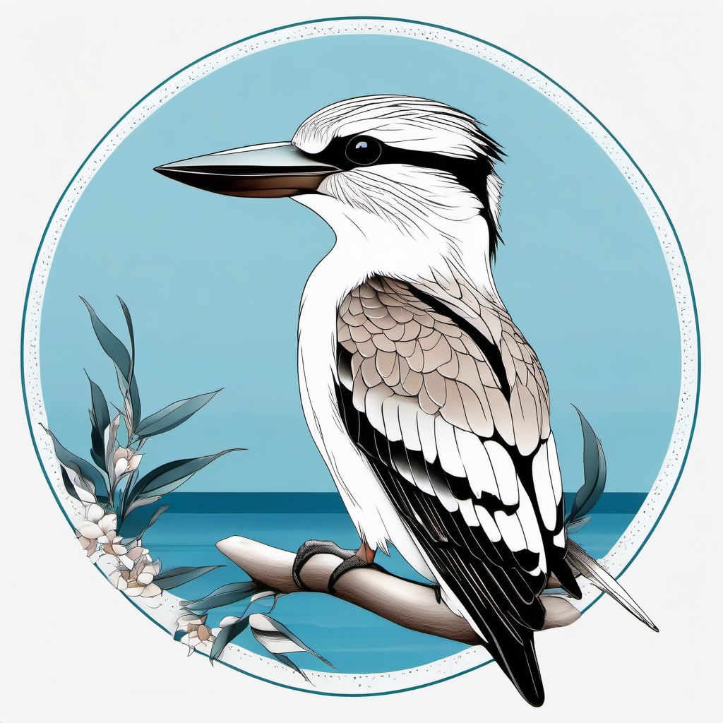 Kookaburra tattoo against a serene azure sky, embodying peace, with albatross influences.  color tattoo style, minimalist design, white background