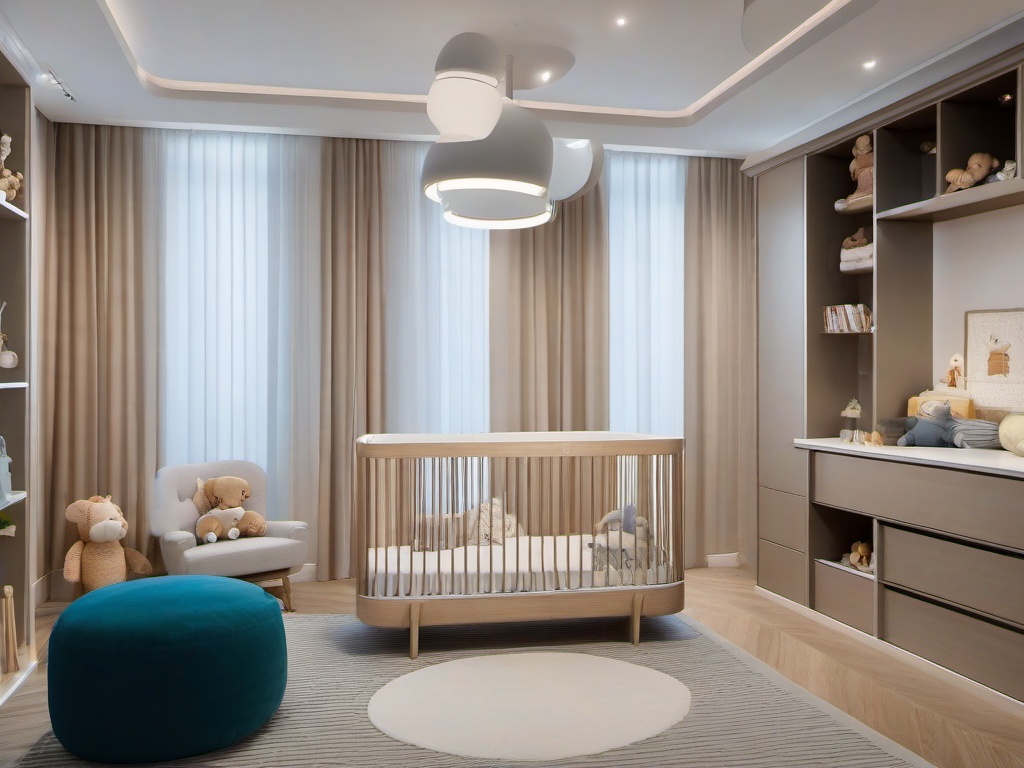 The nursery features High Tech interior design with smart monitors, modern furnishings, and innovative storage solutions that create a safe and comfortable space for the baby.  