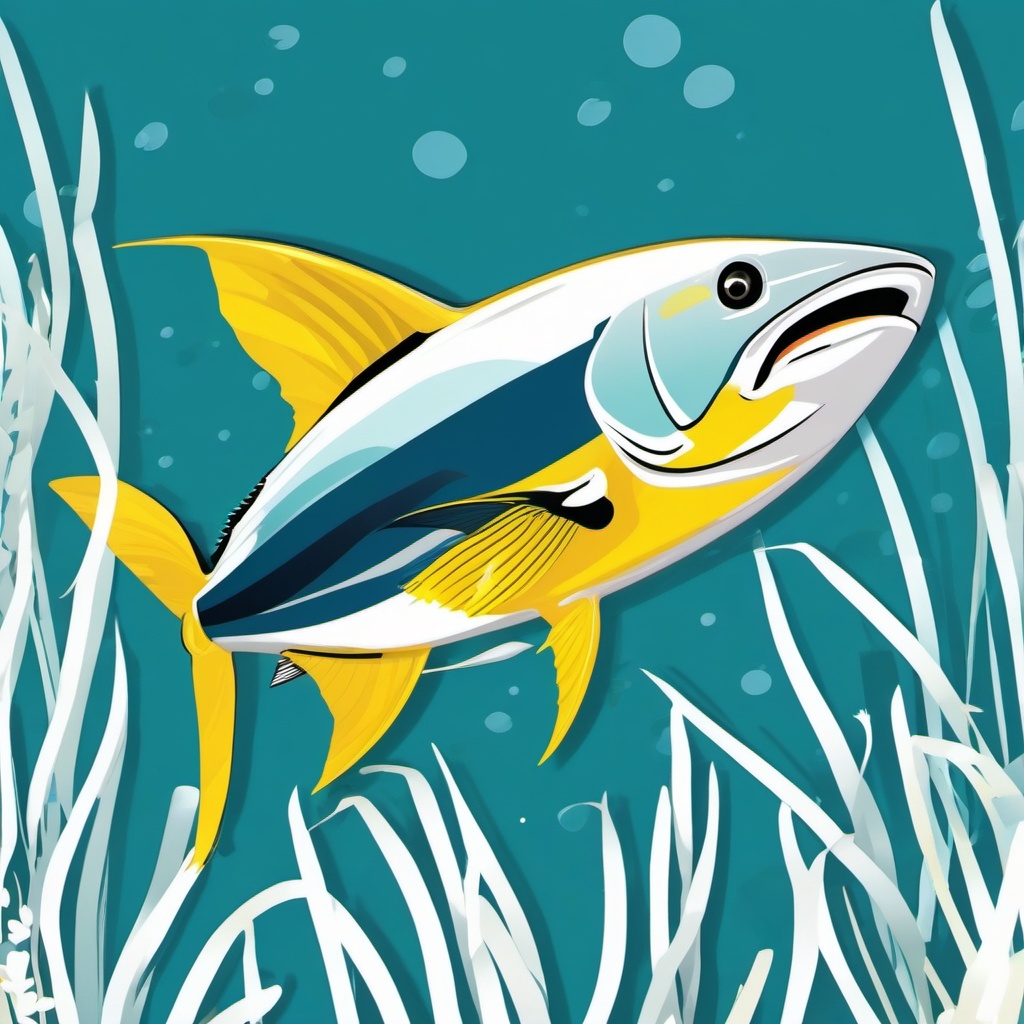 Yellowtail Clipart - Yellowtail in the kelp forest , minimal, 2d