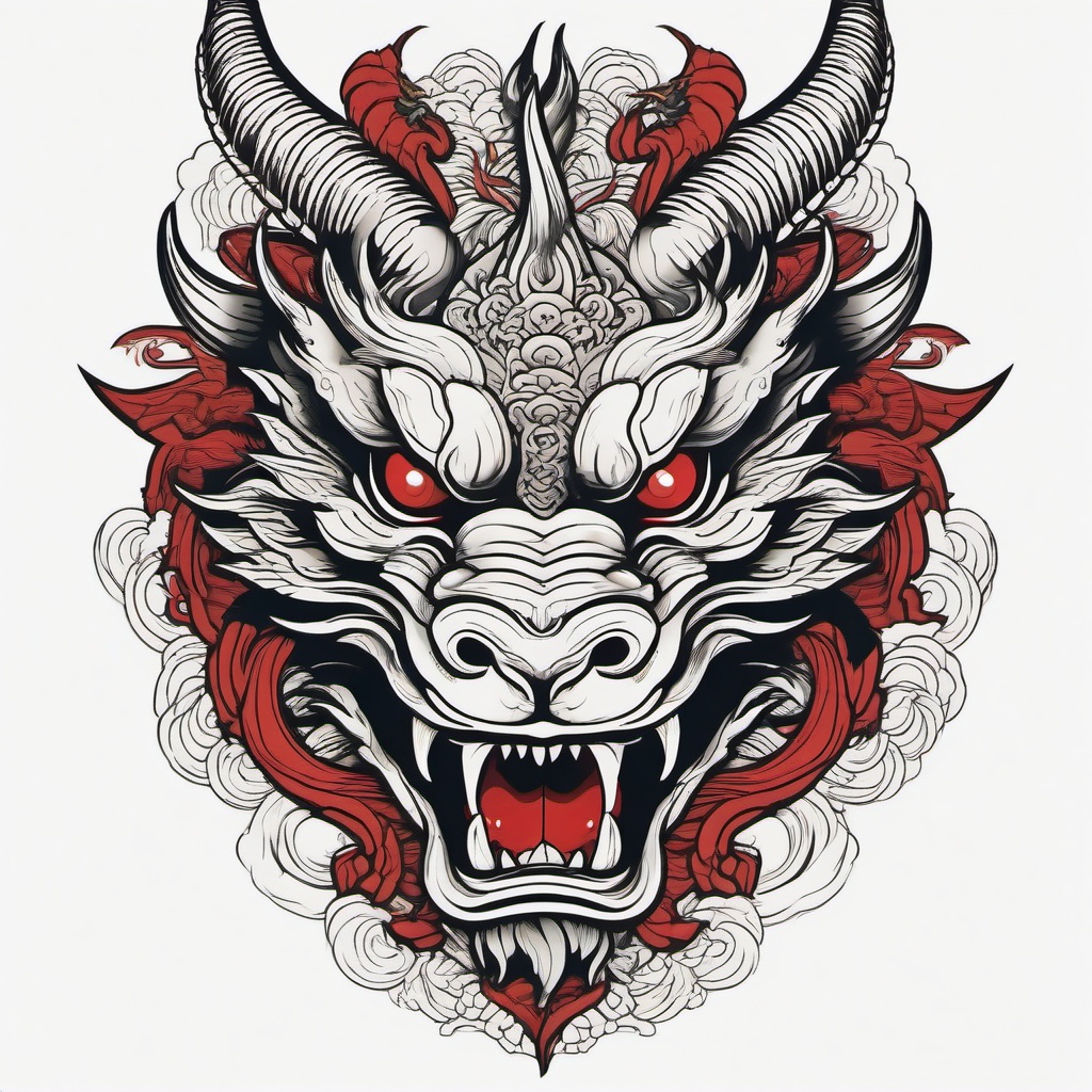 Japanese Dragon Head Tattoo - Tattoo focusing on the head of a dragon in Japanese style.  simple color tattoo,minimalist,white background