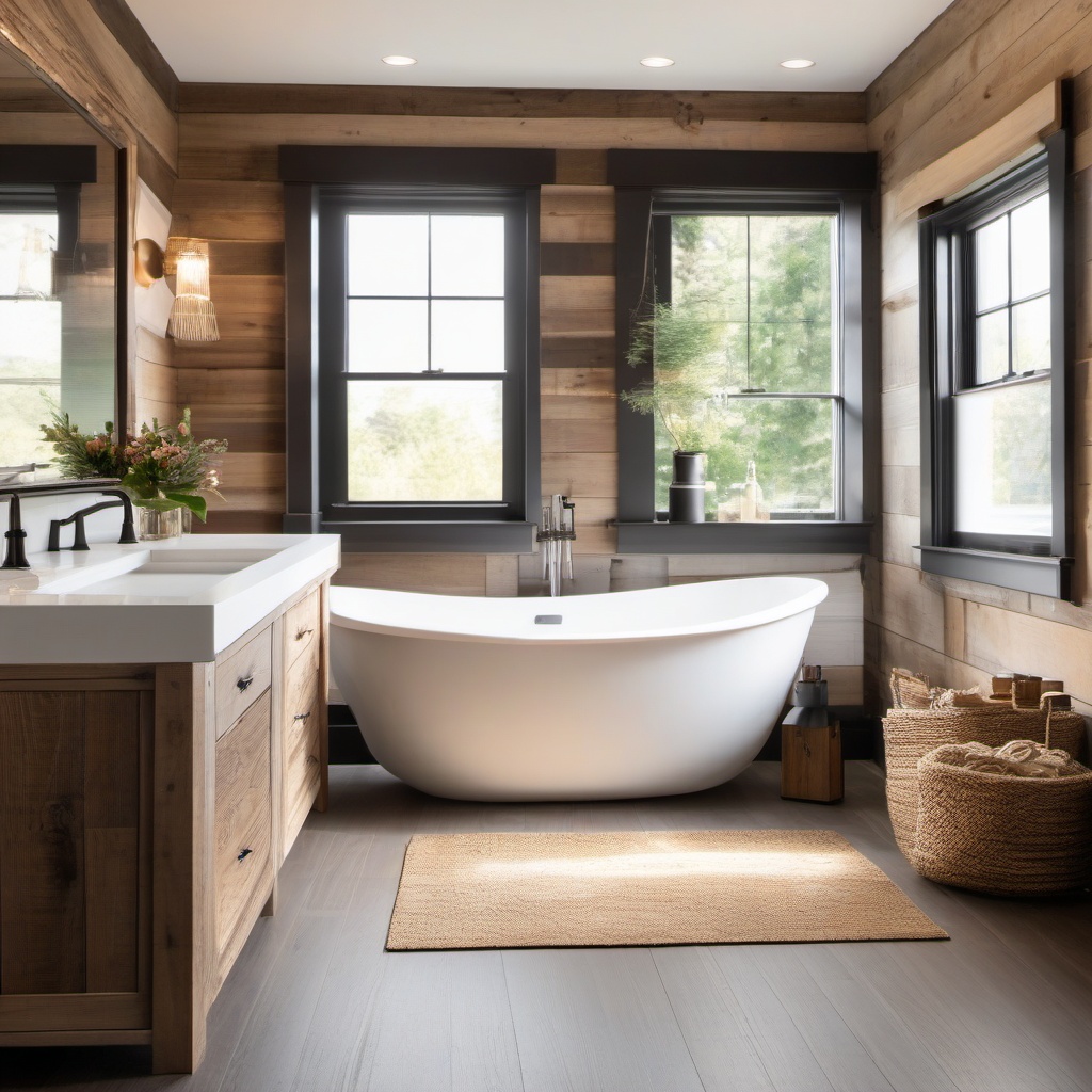 Modern Country Bathroom - Modern country bathroom with rustic wood and a neutral color palette. realistic, professional photography, bokeh, natural lighting, canon lens, shot on dslr 64 megapixels sharp focus