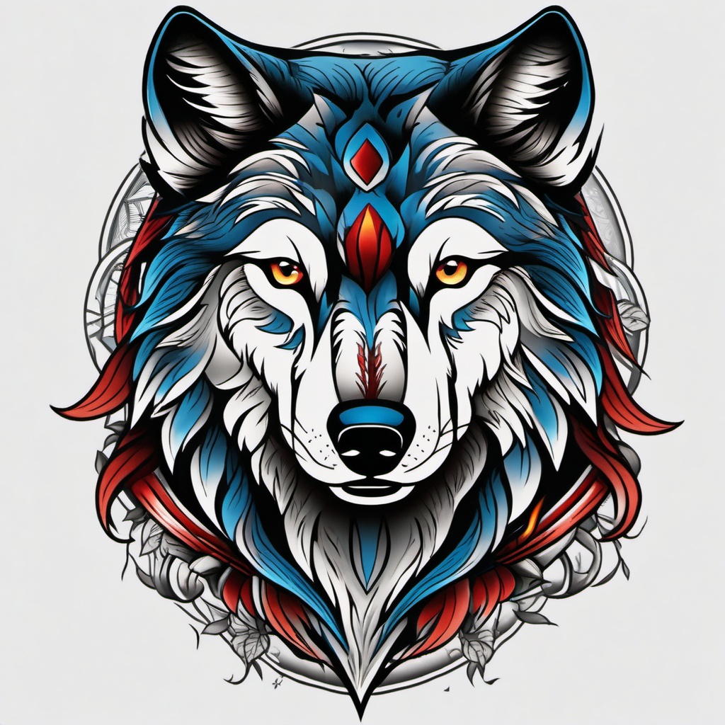 American Traditional Wolf Tattoo,classic American traditional wolf tattoo, paying homage to timeless values and loyalty. , color tattoo design, white clean background