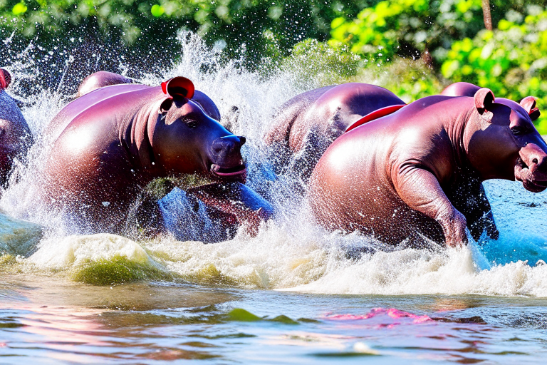 hippos attempting synchronized water ballet, splashing wildly in the process. 