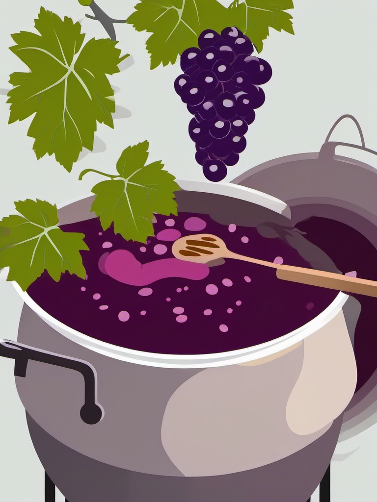 Grape Jam Making Clipart - A pot of grapes being cooked for jam.  color vector clipart, minimal style