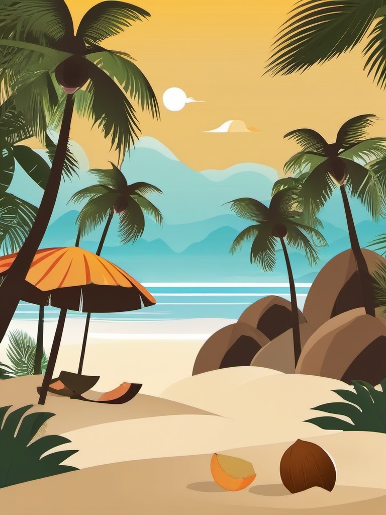 Coconut and Beach Scene Clipart - A tropical beach scene with coconuts.  color vector clipart, minimal style