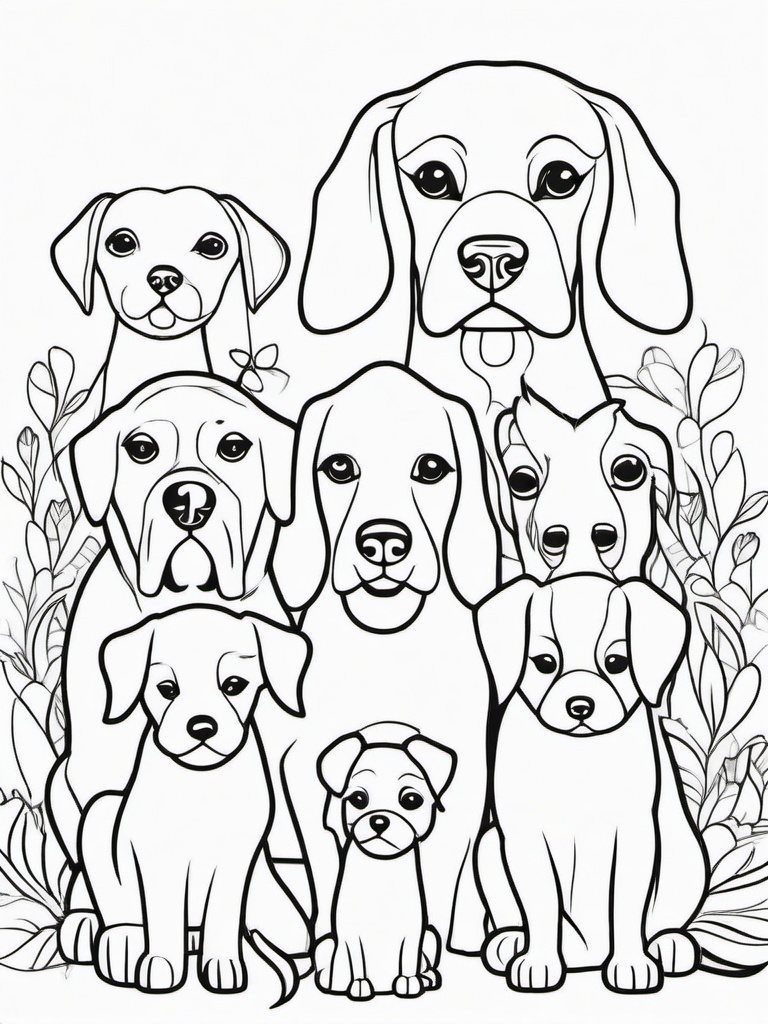 Dog Family Coloring Pages - Group of Dogs Together in Harmony  minimal black outline printable sheet, coloring page