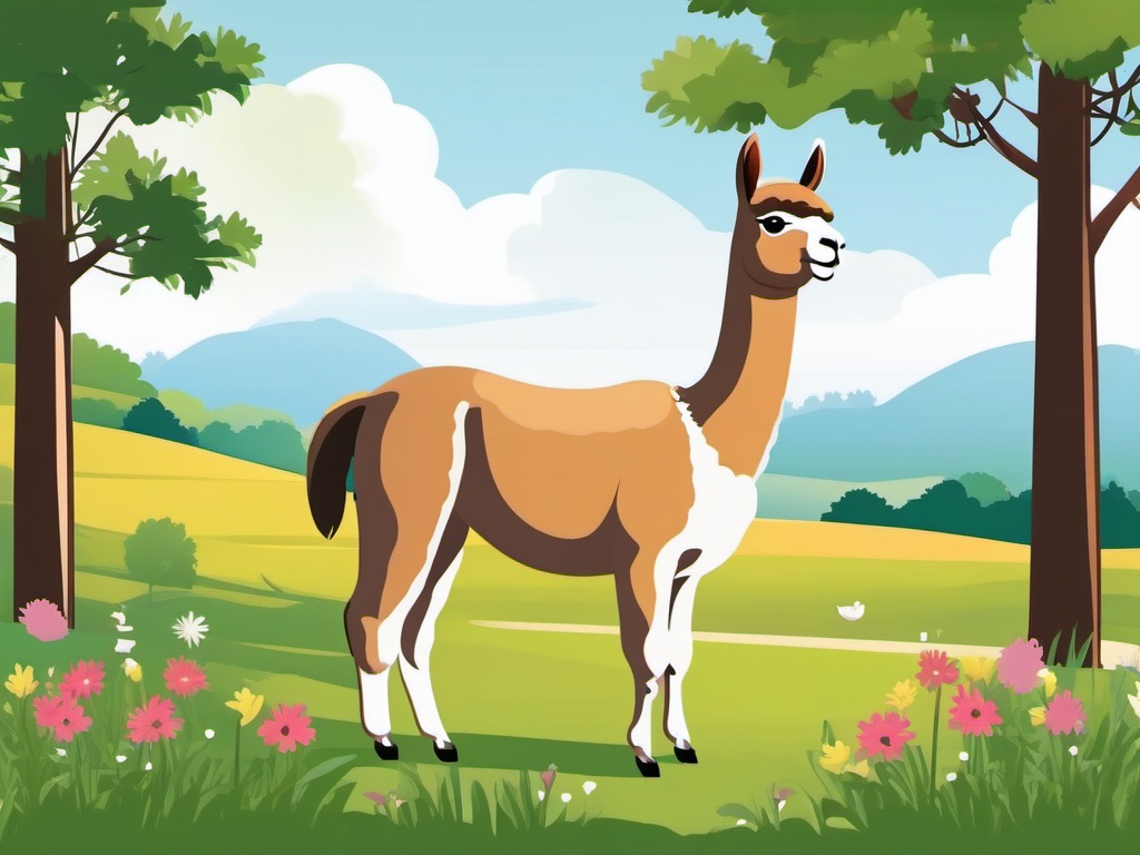 Cute Alpaca in a Scenic Meadow  clipart, simple