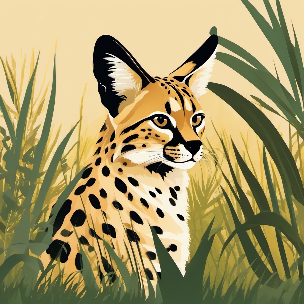 Serval Clip Art - Serval with spotted fur in the grasslands,  color vector clipart, minimal style