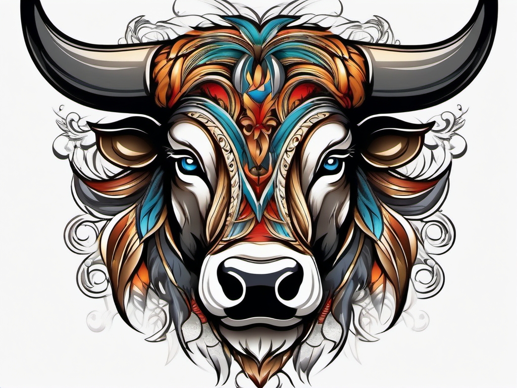 Fierce bull eyes tattoo. Gaze of unwavering determination.  color tattoo design, white background