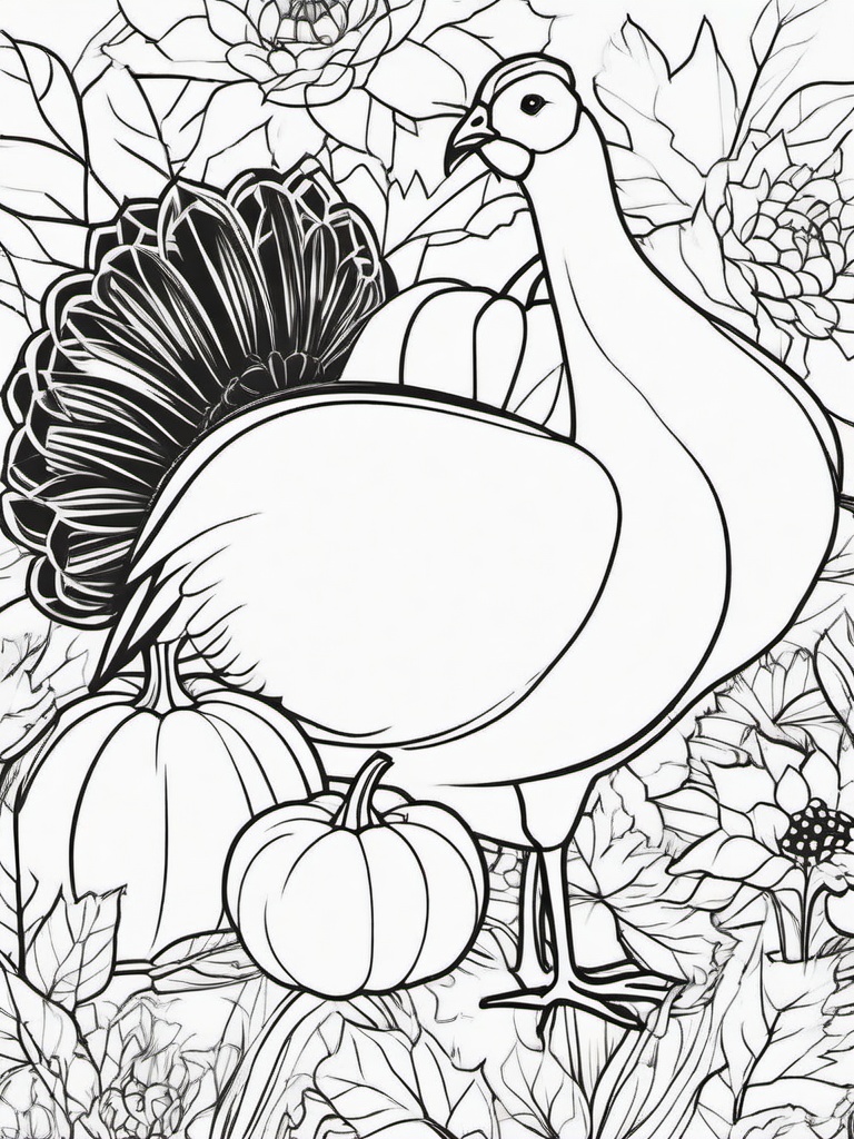 Turkey with Sunflowers and Pumpkin Coloring Pages - Festive Fall Scene  minimal black outline printable sheet, coloring page