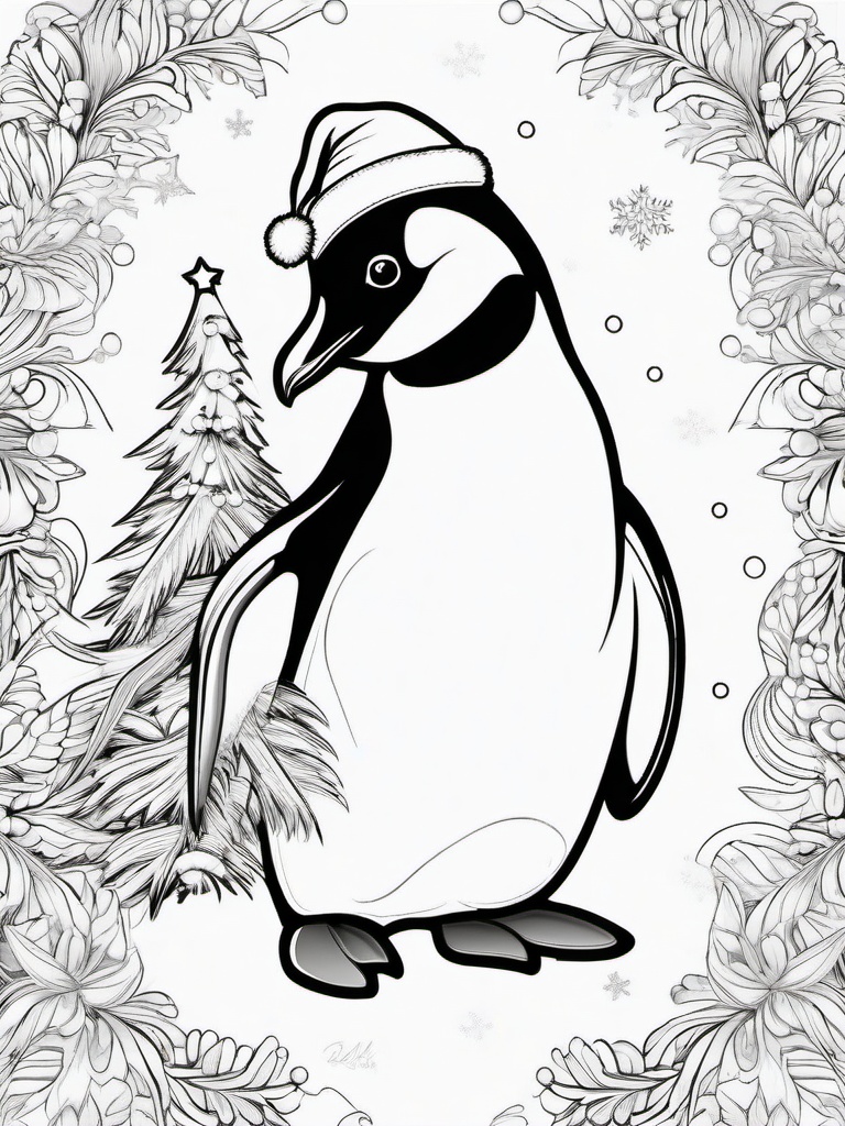 Christmas Penguin Coloring  outling,coloring pages,black and whit