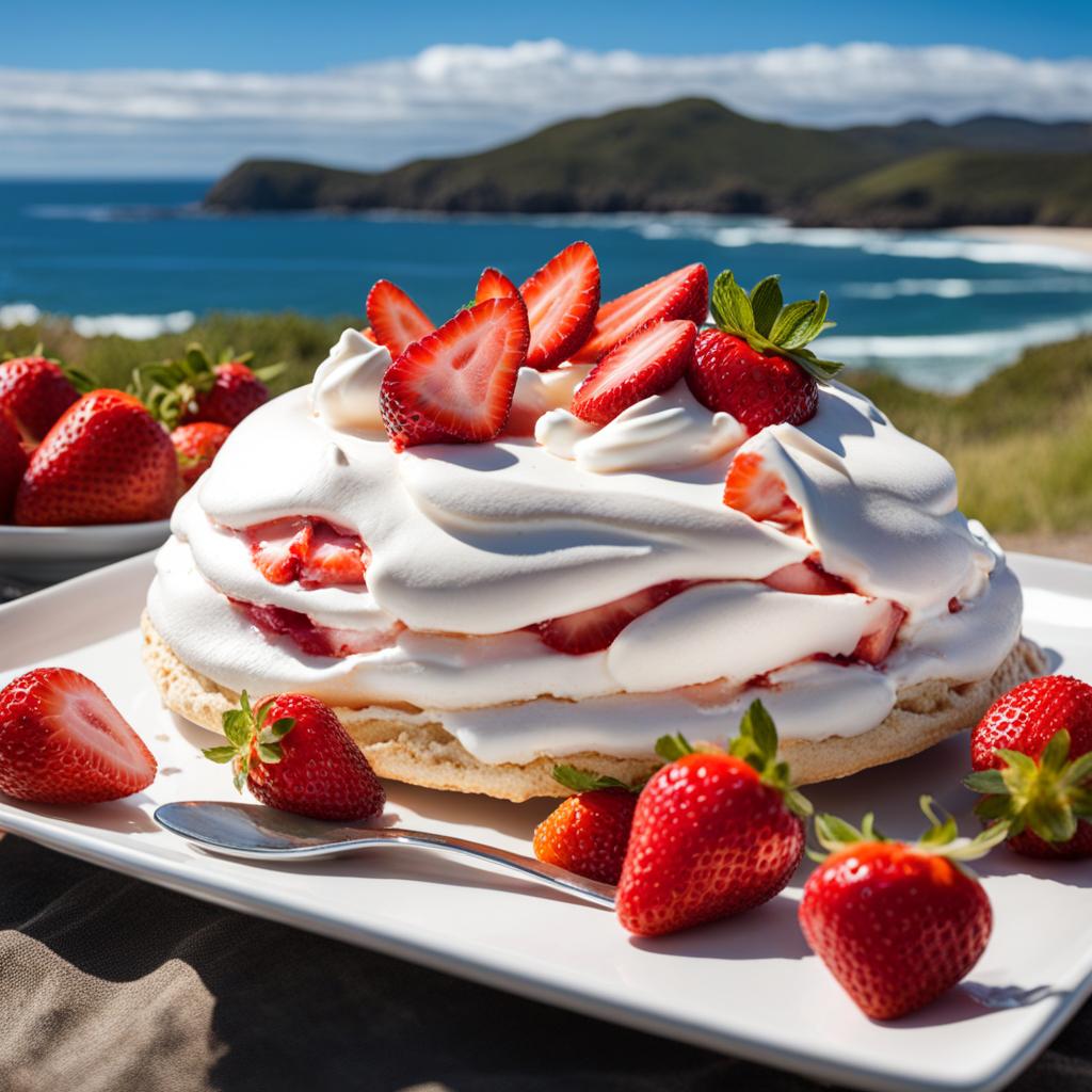 strawberry pavlova, a new zealand favorite, devoured at a beachside picnic on a sunny day. 