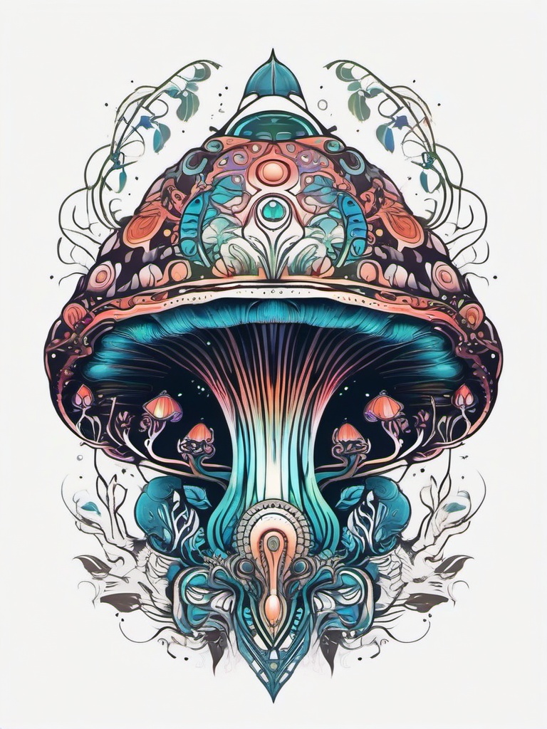 Alien Mushroom Tattoo - Whimsical and imaginative tattoo blending cosmic and fantasy elements.  simple color tattoo,vector style,white background