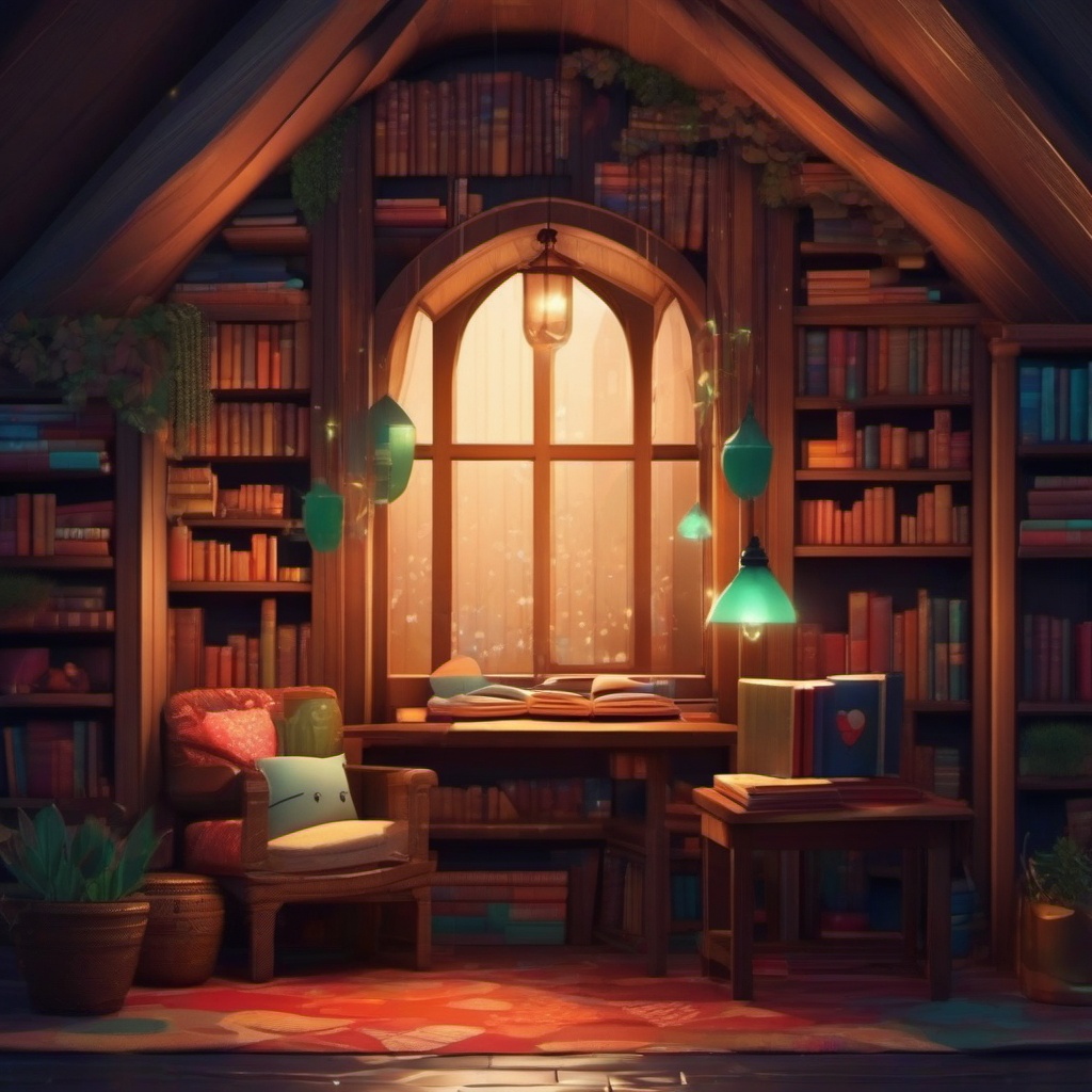 Cute Wallpaper PC - Cozy Book Nook in a Rainy Day wallpaper, abstract art style, patterns, intricate