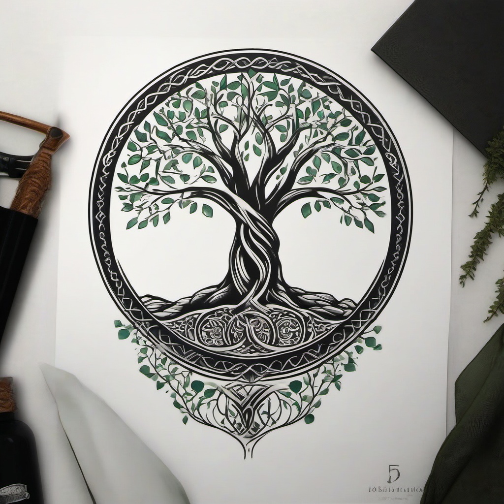 tree of life irish tattoo  simple color tattoo,minimal,white background