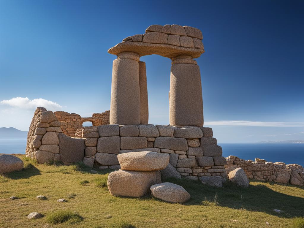 sardinian nuragic ruins - create an artwork that evokes the mystery of sardinia's nuragic ruins, with their ancient stone structures and legends. 