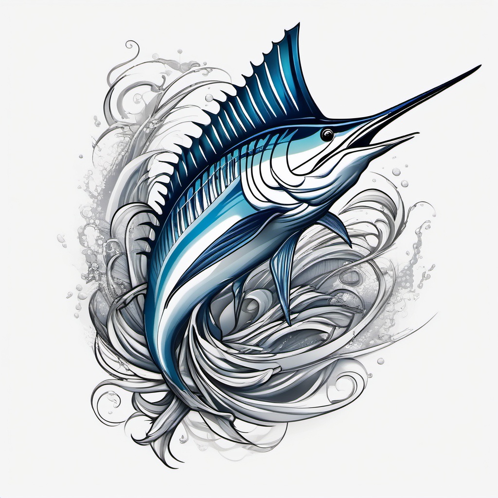 Sailfish Tattoo,a tattoo celebrating the majestic sailfish, a symbol of strength and speed. , tattoo design, white clean background