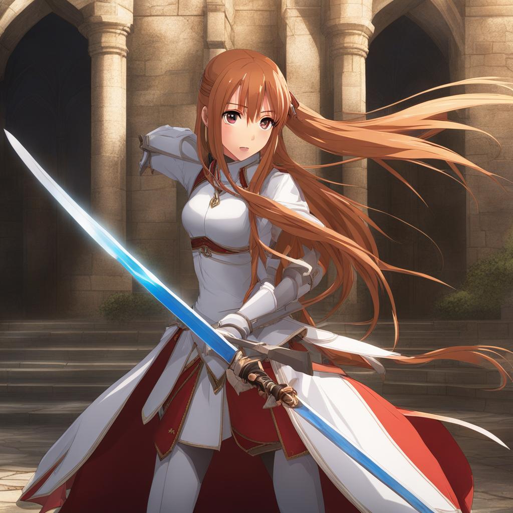 asuna - duels with her rapier in epic sword fights within a majestic castle courtyard. 