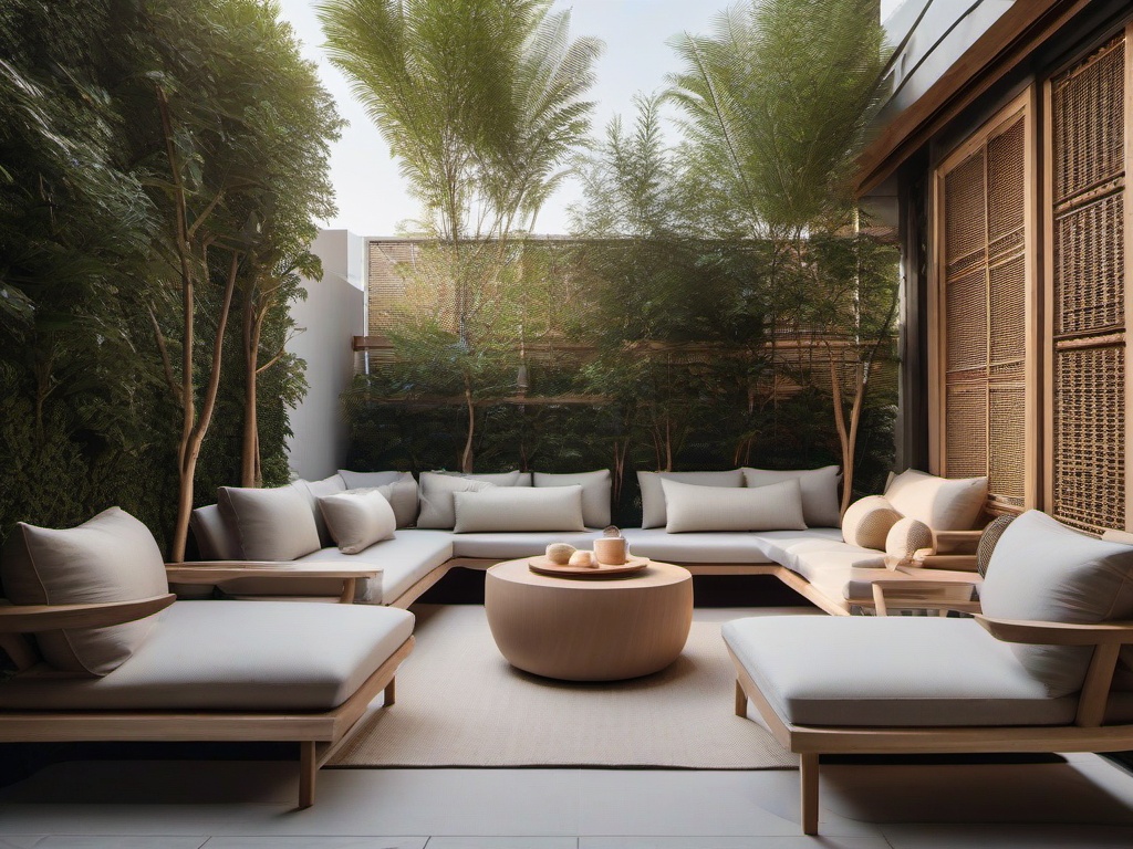 The terrace embraces Japandi interior design with natural furniture, soft textiles, and a minimalist aesthetic, providing a captivating space for gatherings and relaxation.  