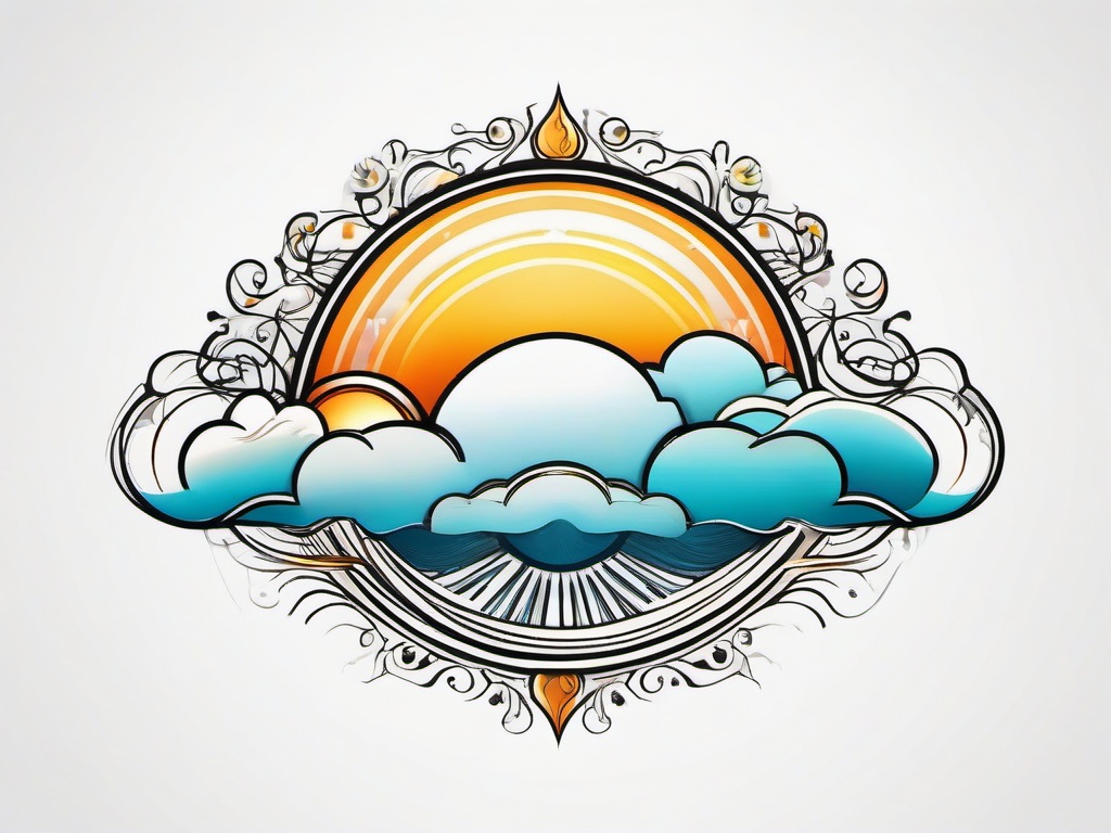 Cloud and Sun Tattoo-Whimsical and artistic tattoo featuring clouds and a sun, perfect for those who love celestial themes.  simple color tattoo,white background