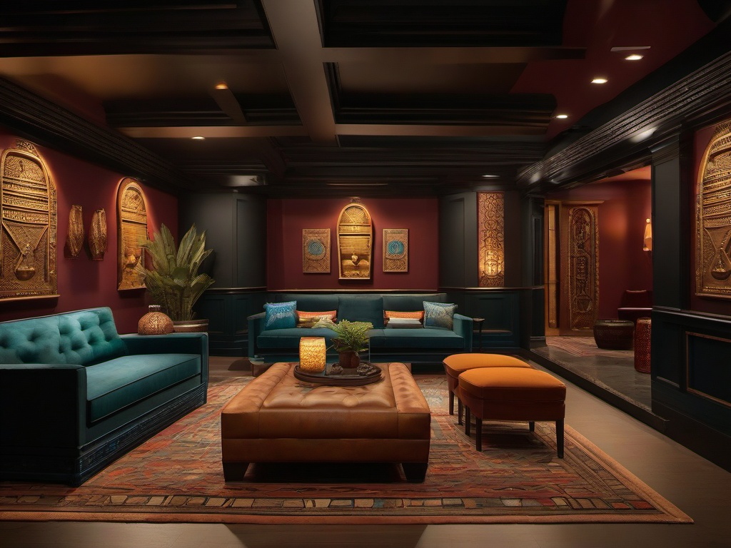 The basement highlights Egyptian Revival interior design with unique furnishings, rich colors, and decorative motifs that create an exciting space for entertainment inspired by ancient culture.  