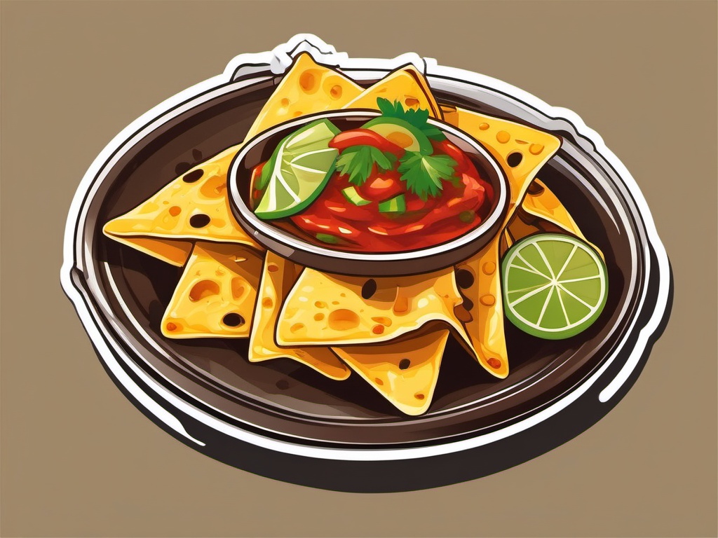 Nachos Sticker - Dive into a plate of nachos, loaded with melted cheese, salsa, and guacamole, , sticker vector art, minimalist design