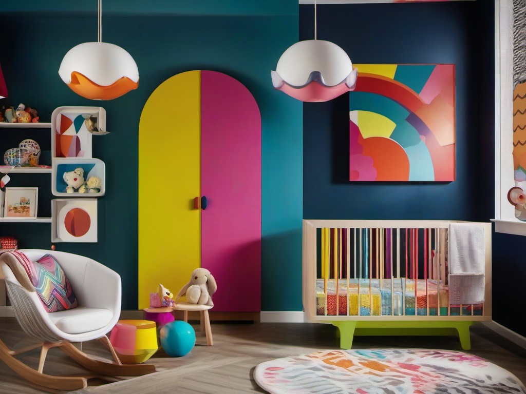 The nursery features Pop Art interior design with playful colors, whimsical decor, and an array of fun furnishings that create an imaginative and stimulating space for the baby.  