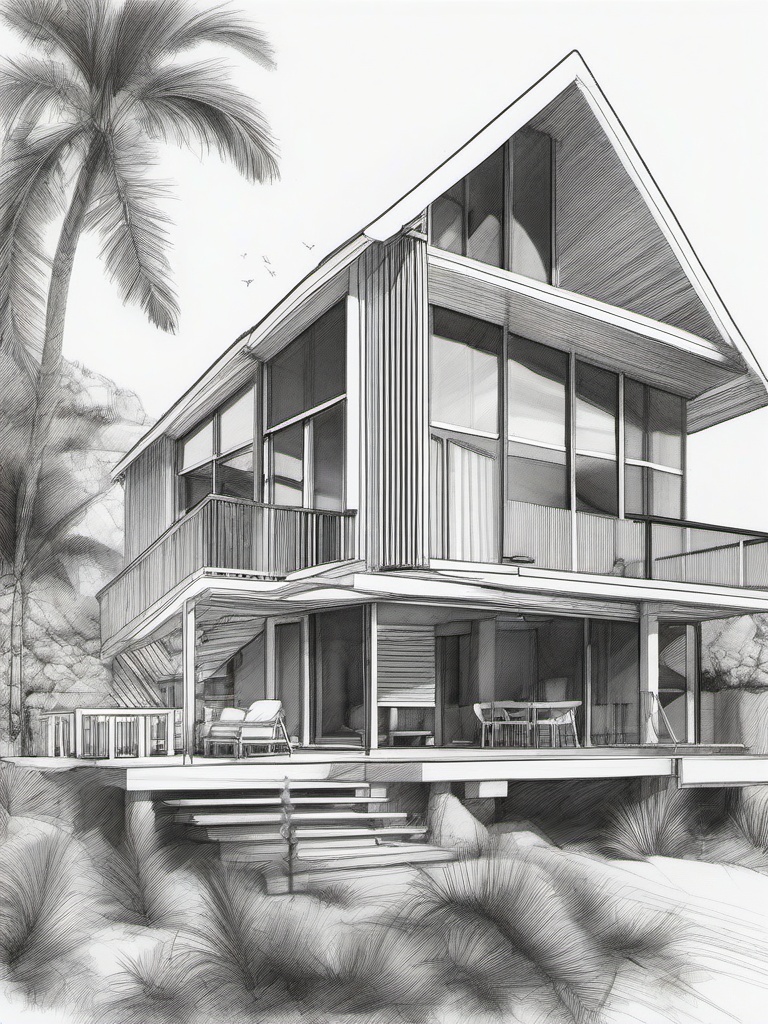 drawing of a beach house in pencil  minimal rough sketch scribbles,doodles,black and white