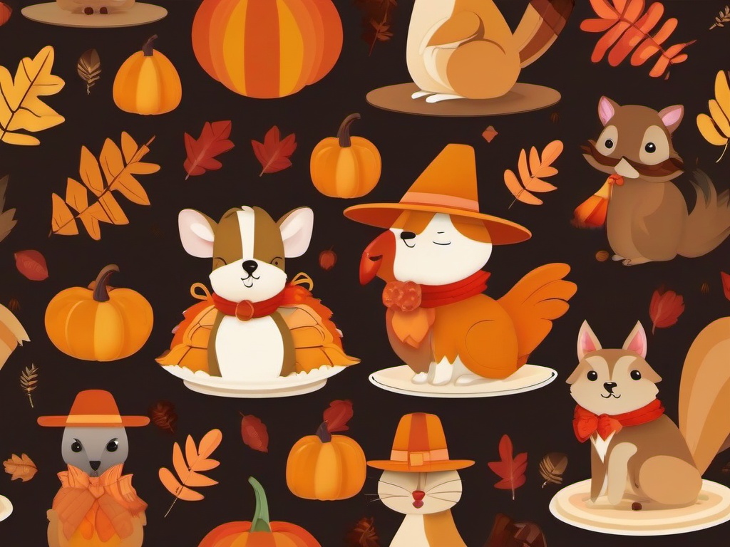 Thanksgiving Wallpaper-A playful Thanksgiving design, featuring cute animal characters dressed in Thanksgiving costumes.  aesthetic background wallpaper