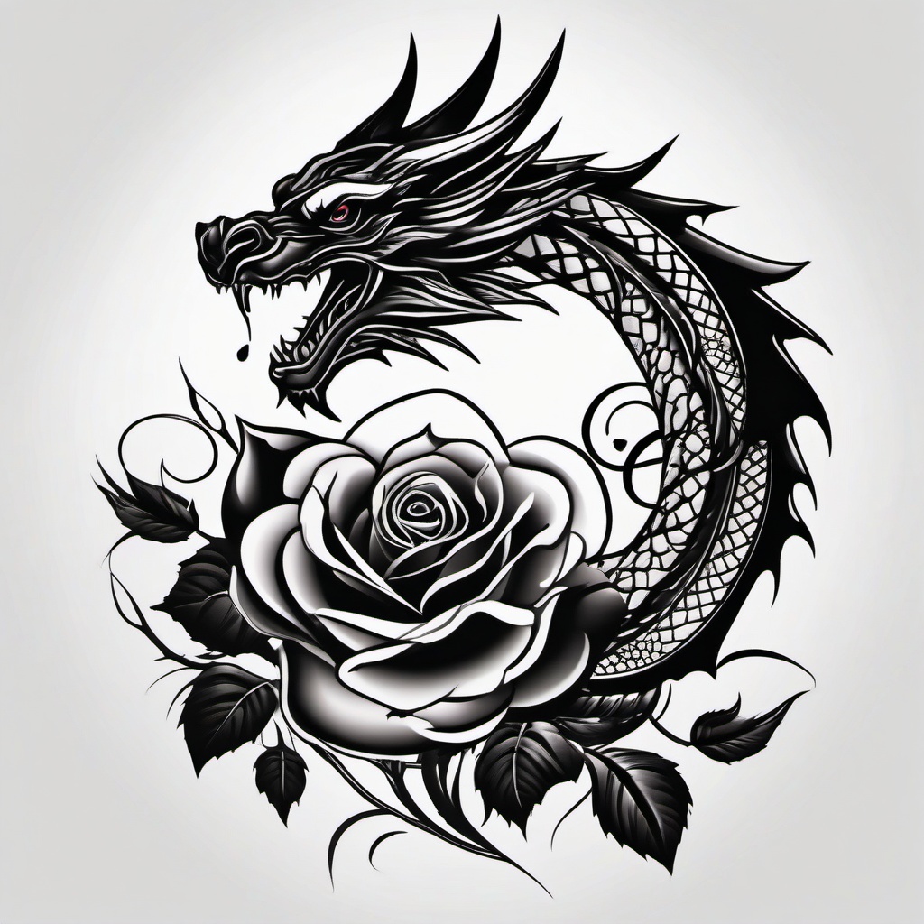 Black Rose Dragon Tattoo - Tattoo featuring a dragon with a black rose motif.  simple color tattoo,minimalist,white background