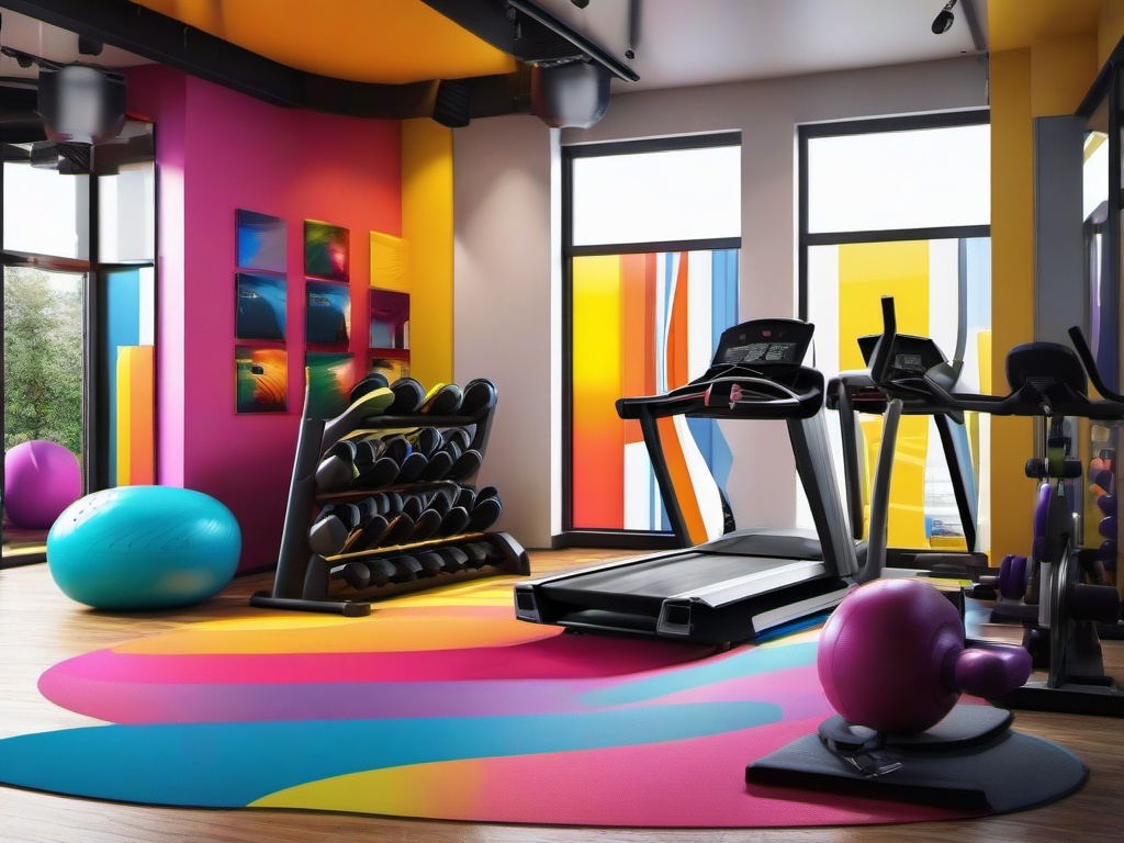 In the gym room, Pop Art interior design includes colorful equipment, bold wall art, and an energetic atmosphere that motivates workouts and fitness activities.  