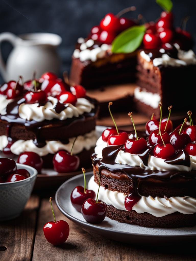 black forest cake with cherries and whipped cream, relished at a romantic chalet. 