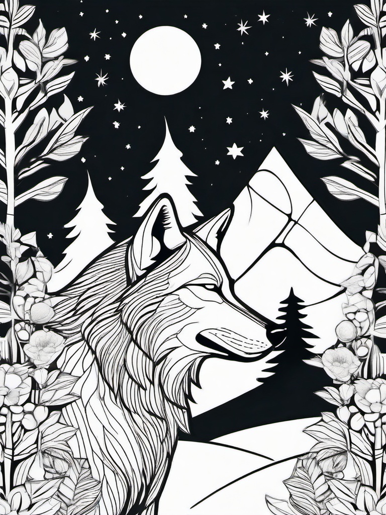 Wolf in Night Sky Coloring Pages - Wolf Against a Starry Night  minimal black outline printable sheet, coloring page